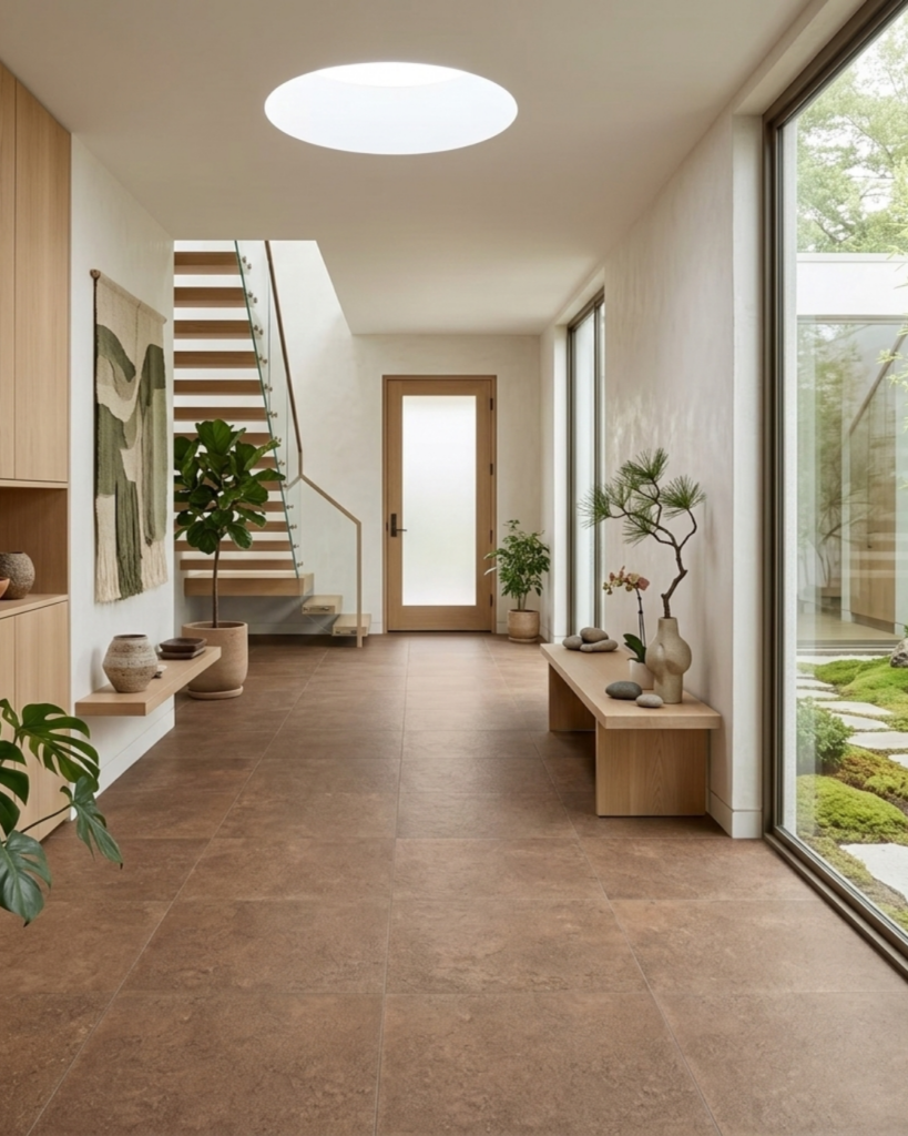 ナチュラルテイストのブラウン系玄関タイル