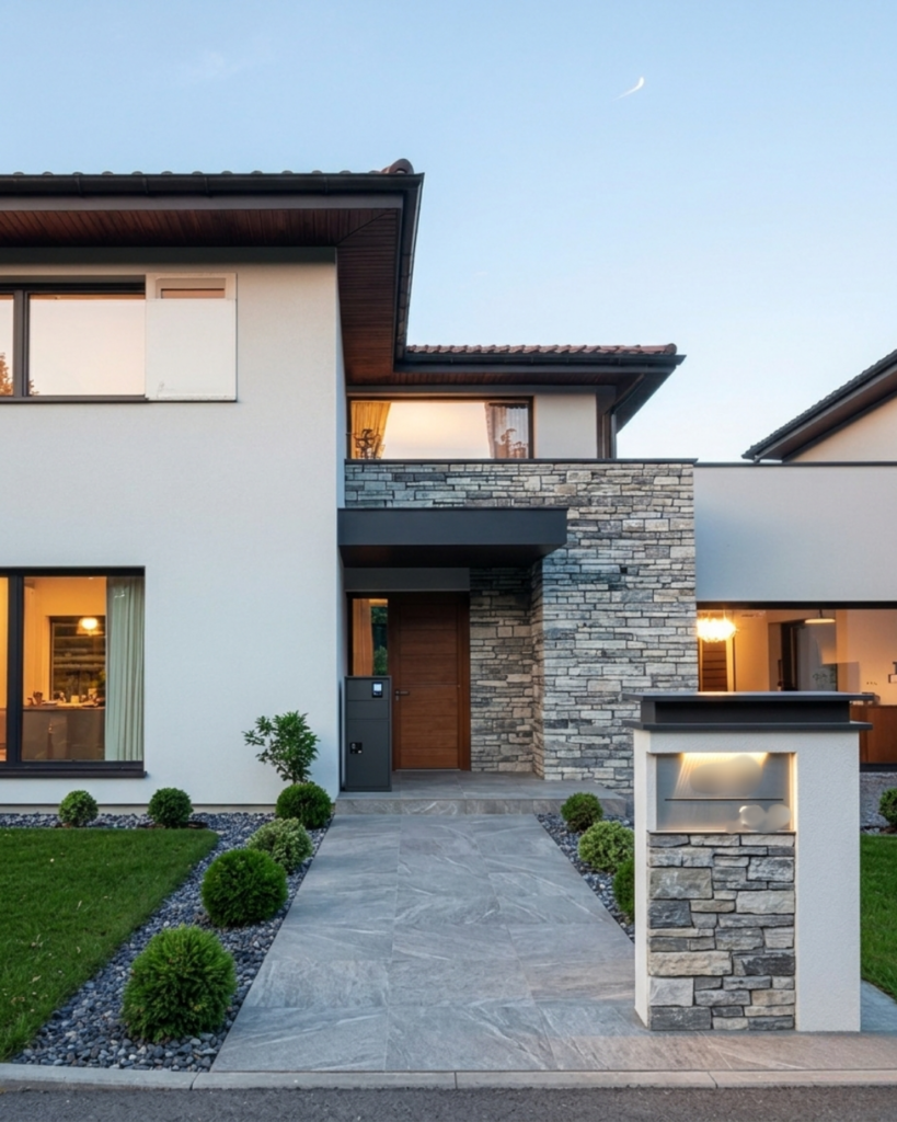 同じタイルを使って玄関内側からアプローチまで統一感がある家