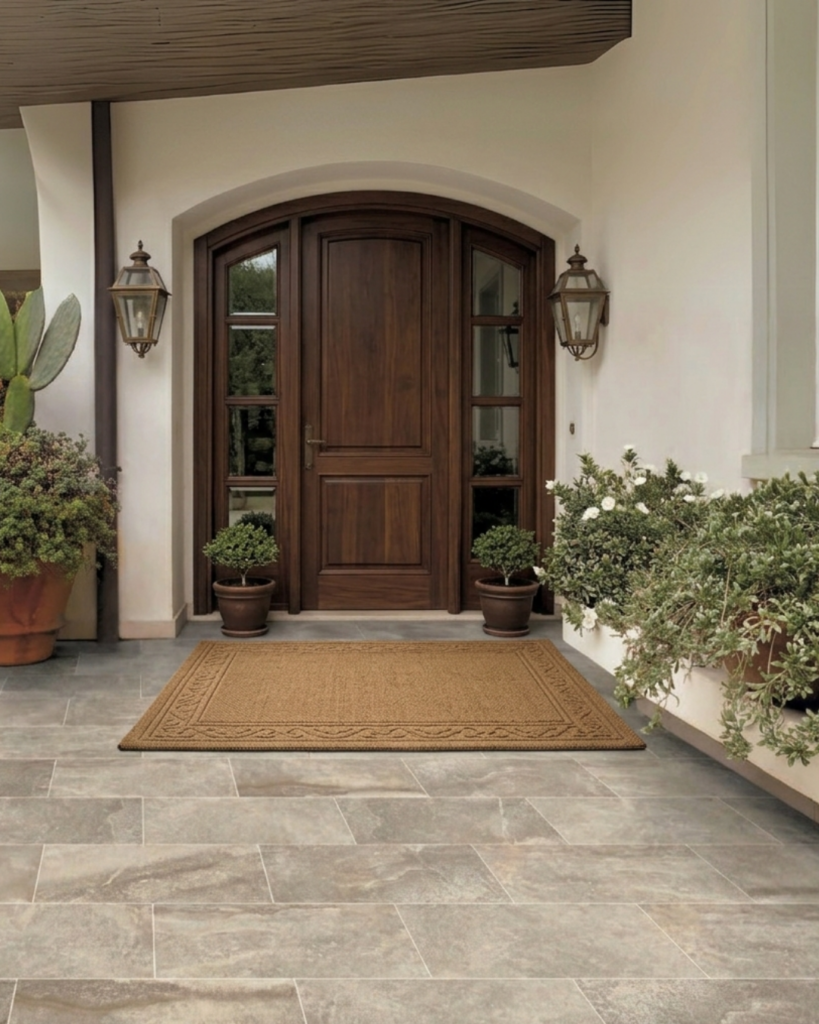 自然な色ムラの茶系石目模様の玄関ポーチタイル