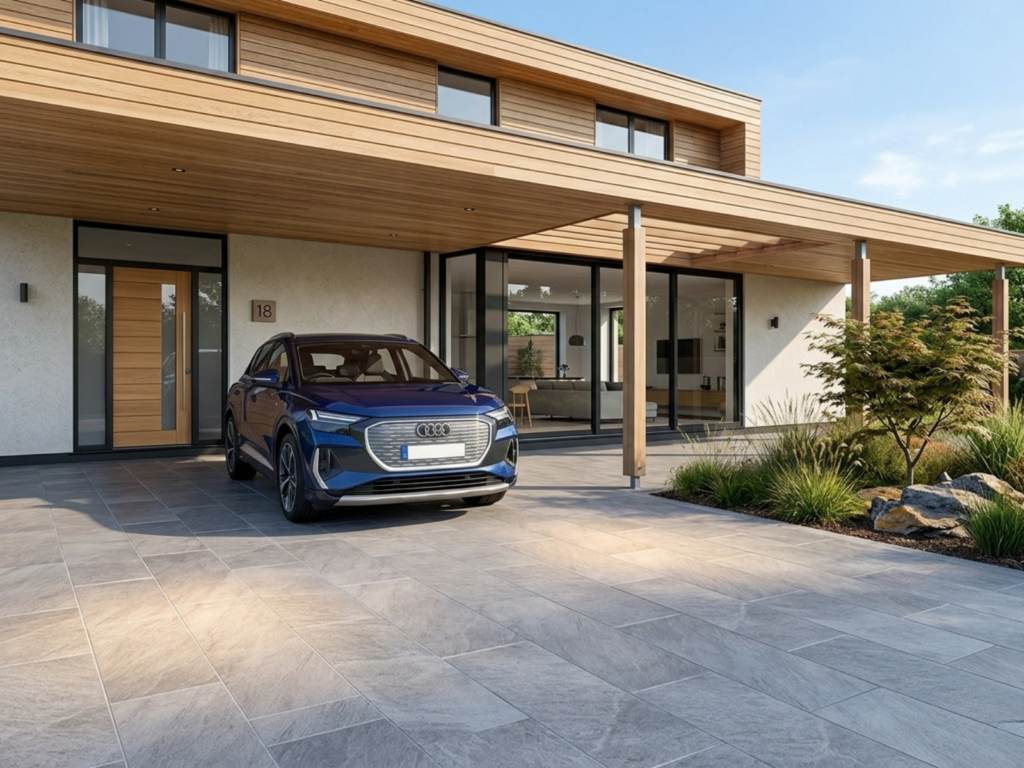 駐車場と玄関ポーチを統一した石調エクステリア外構タイル