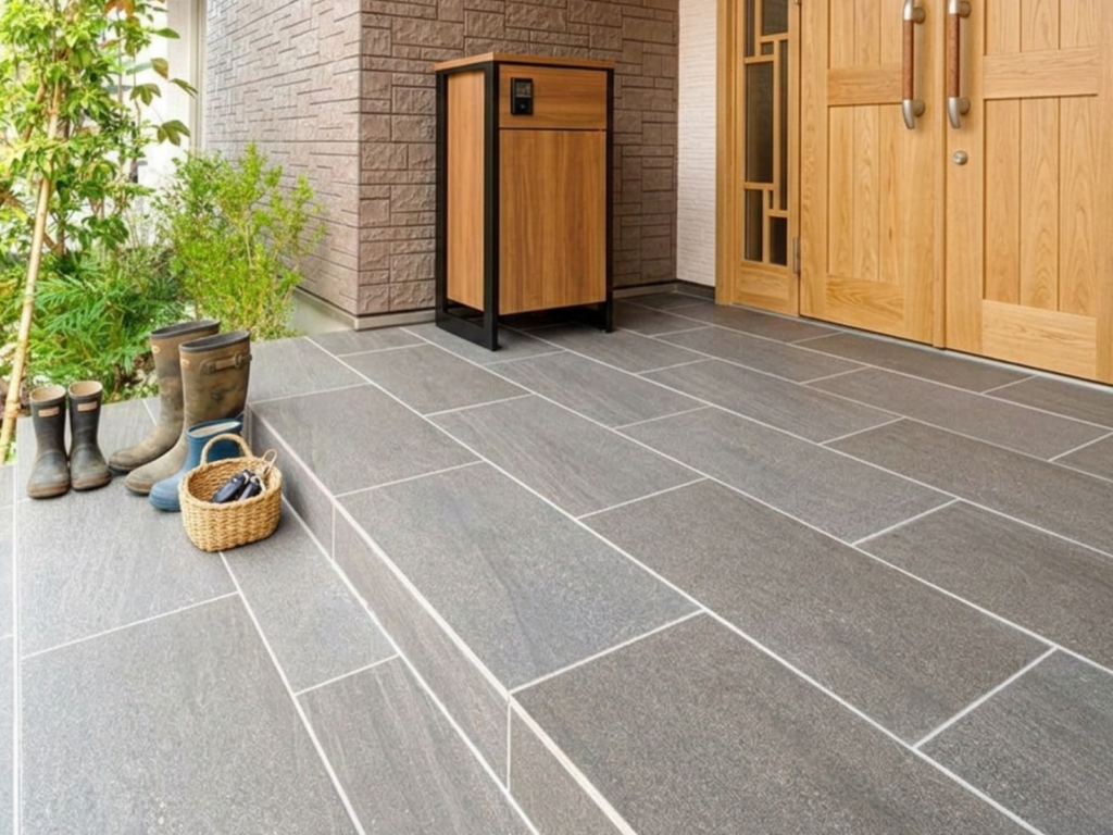 玄関ポーチタイルグレー系の高級感ある床タイル