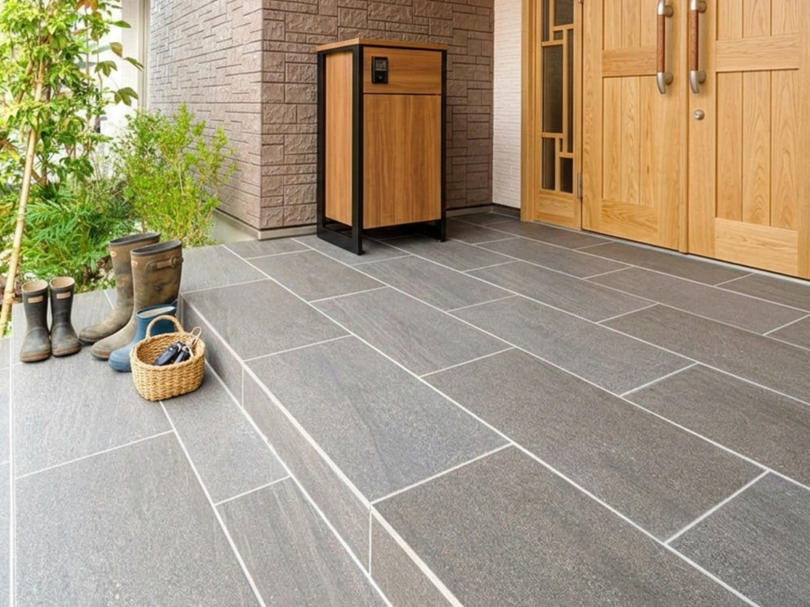玄関ポーチタイルグレー系の高級感ある床タイル