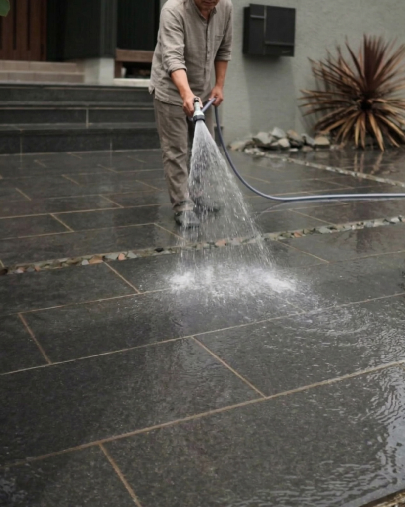 水洗いしている駐車場タイル