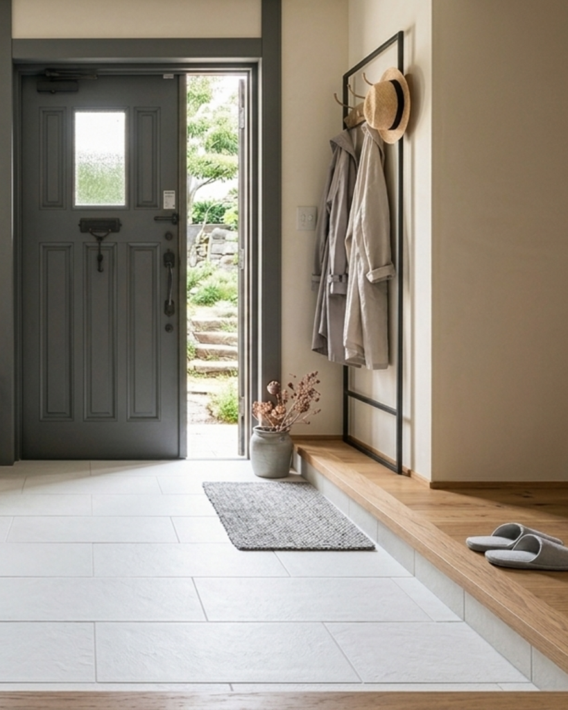 淡いアイボリーで作る白系玄関タイル