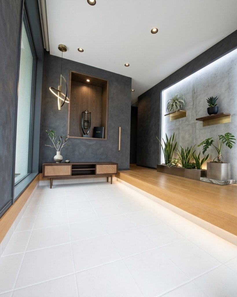 グレーの内装と白い玄関床タイル