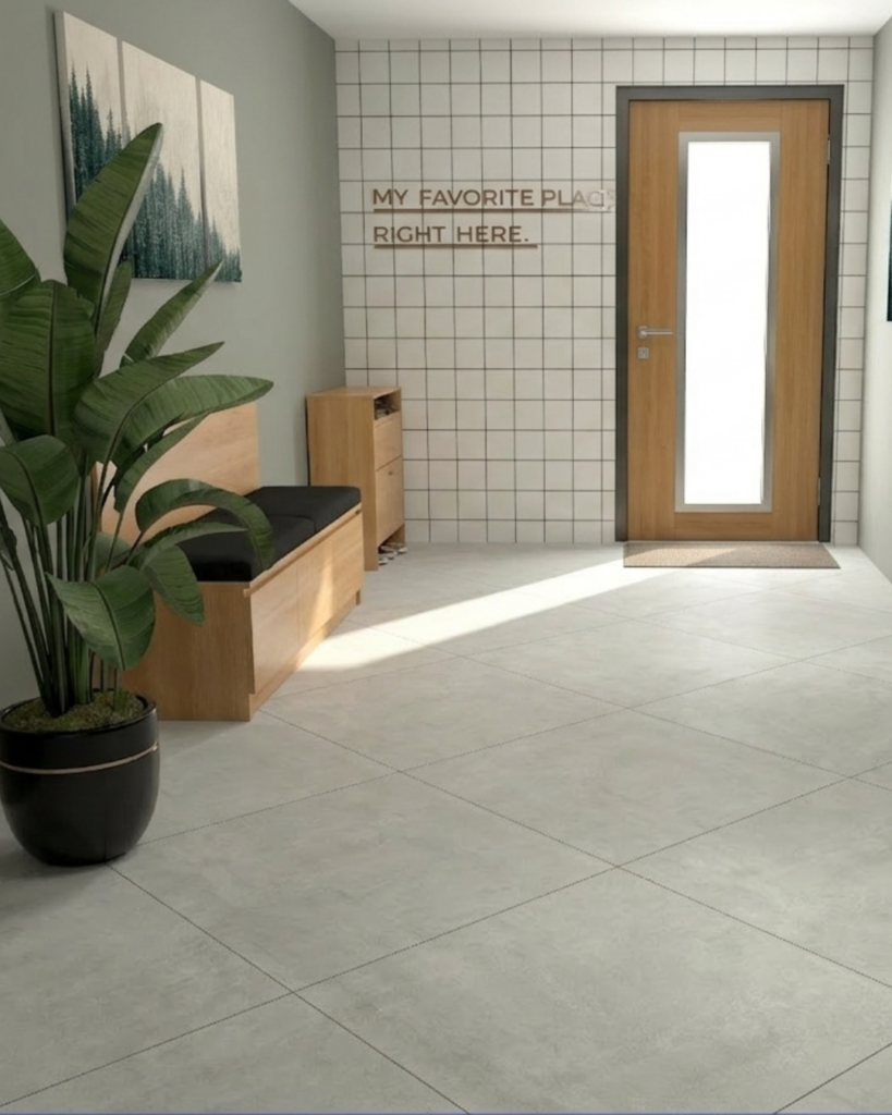 おしゃれなグレージュ玄関タイル