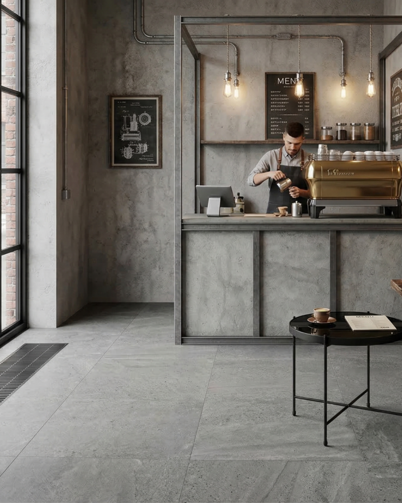 コンクリート調タイルのカフェ