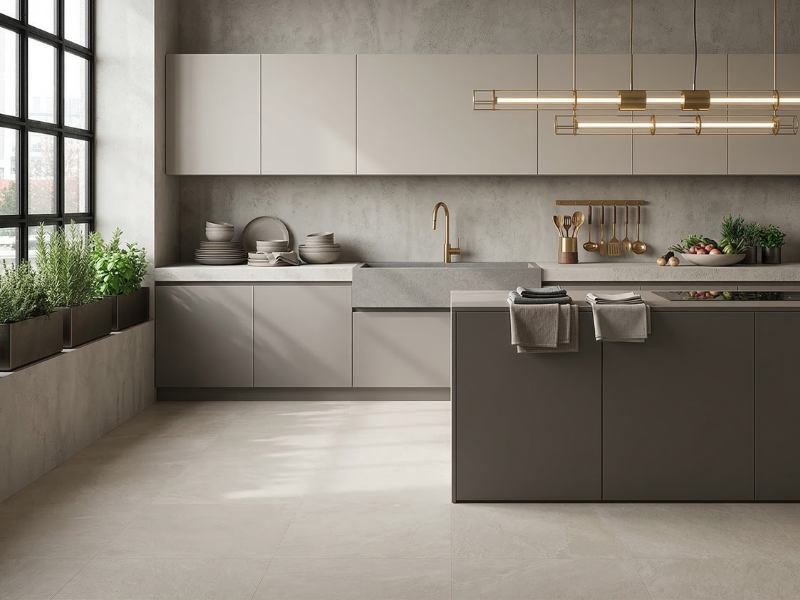 ベージュ系のモルタル風キッチンタイル