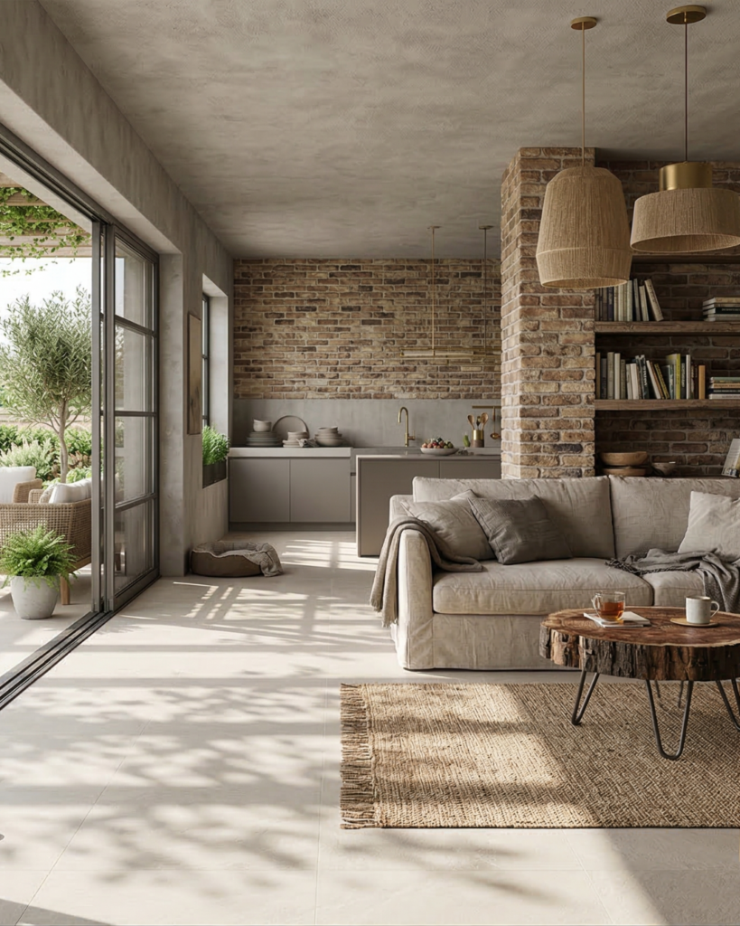 ベージュのコンクリート調タイルのリビングルーム