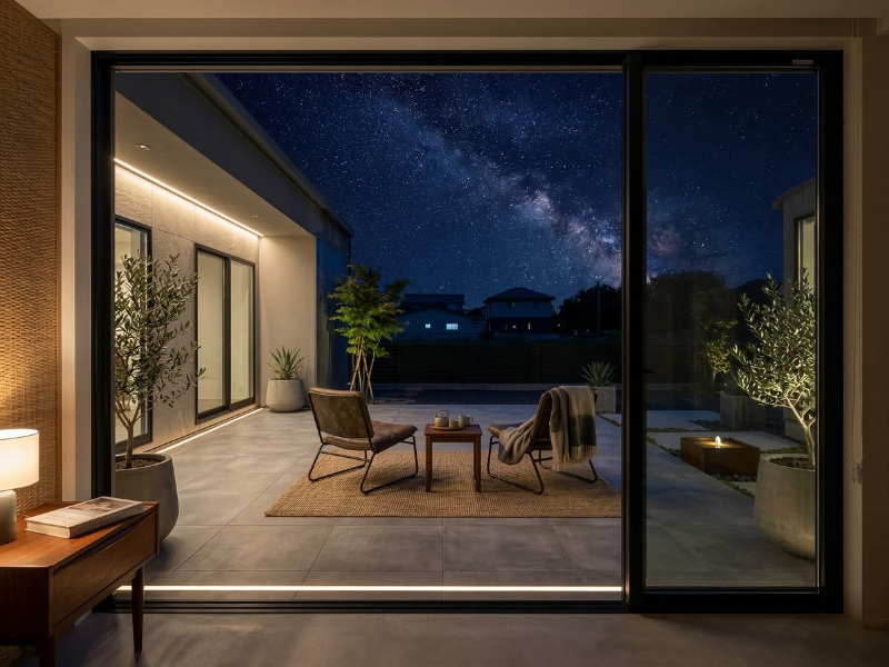 コンクリート調タイルのテラスと夜空