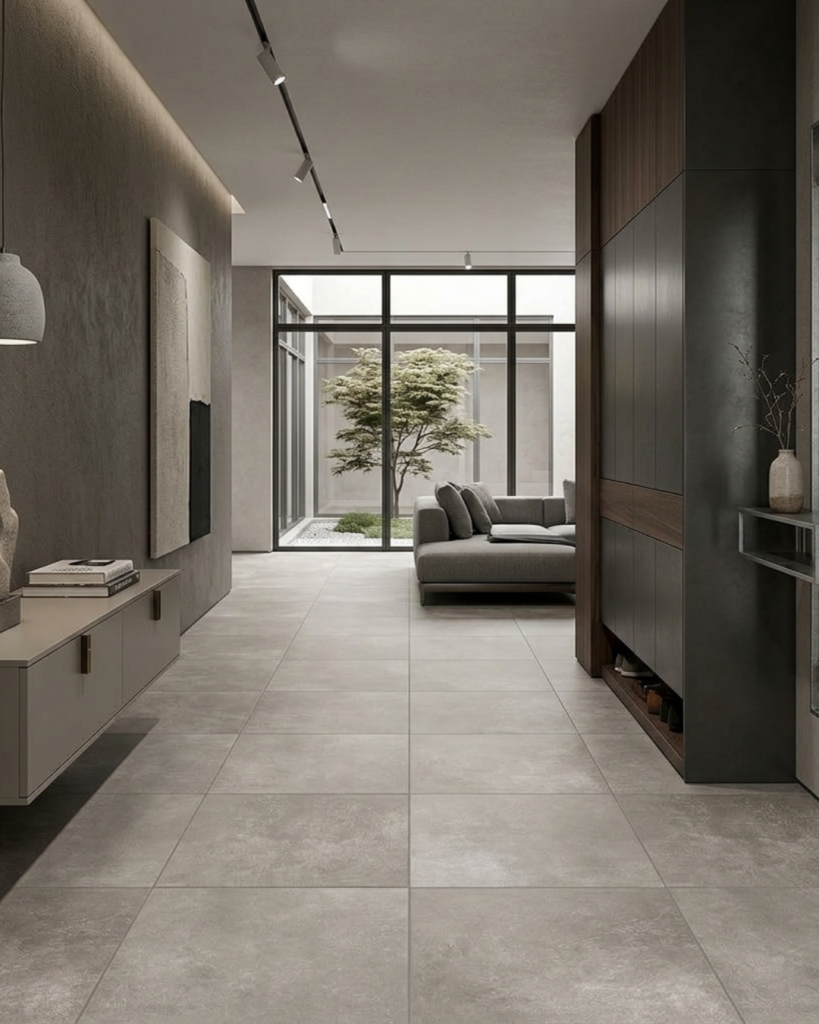 モダンなグレージュ玄関タイル