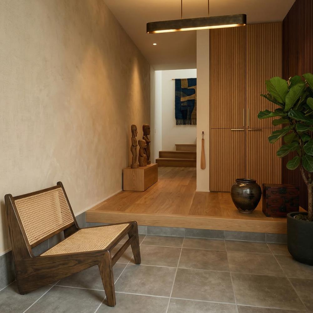 グレーのコンクリート調タイルの玄関