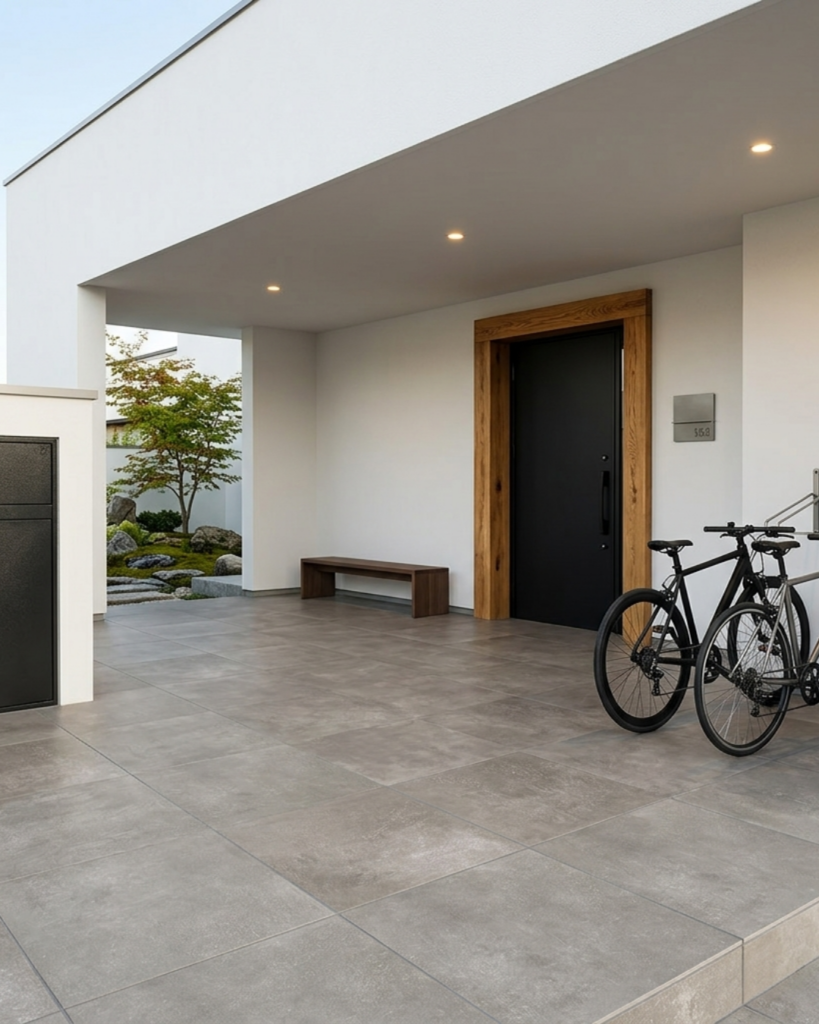 グレージュの玄関タイルを使ったポーチ