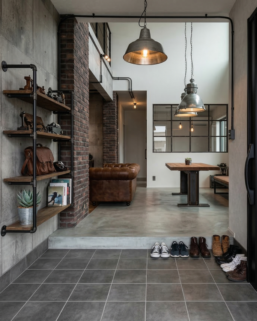 モルタル風の玄関タイルの玄関