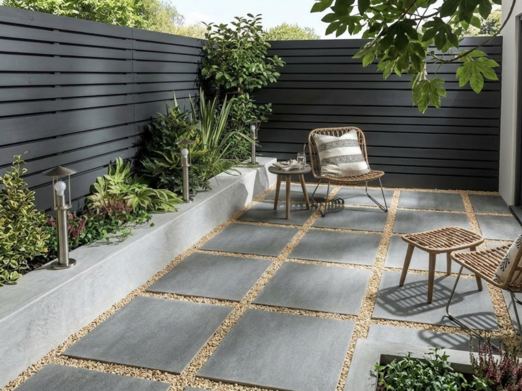 中庭に設置したタイルと砂利の床面