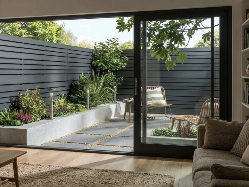 タイルと砂利でナチュラル感がある中庭