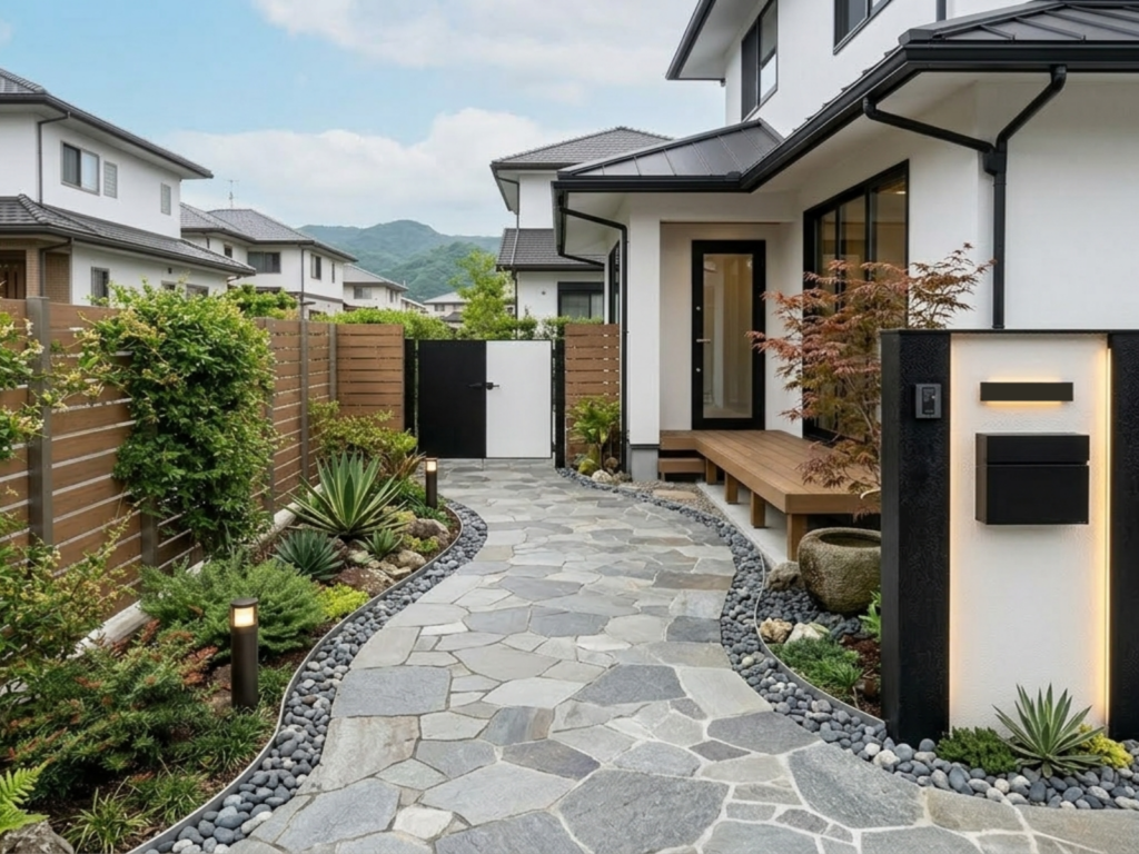 乱形石で緩やかに作った玄関アプローチ