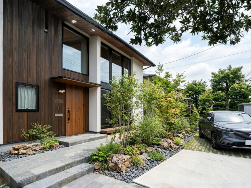 砂利を敷いた玄関まわりのエクステリアディスプレイ