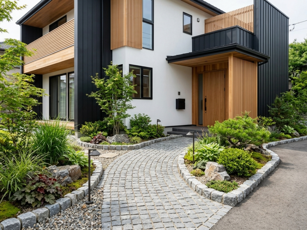 ピンコロ石のアプローチと天然石で作られた外構