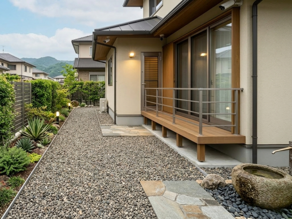 防犯対策と雑草対策に敷かれた砂利のある戸建て