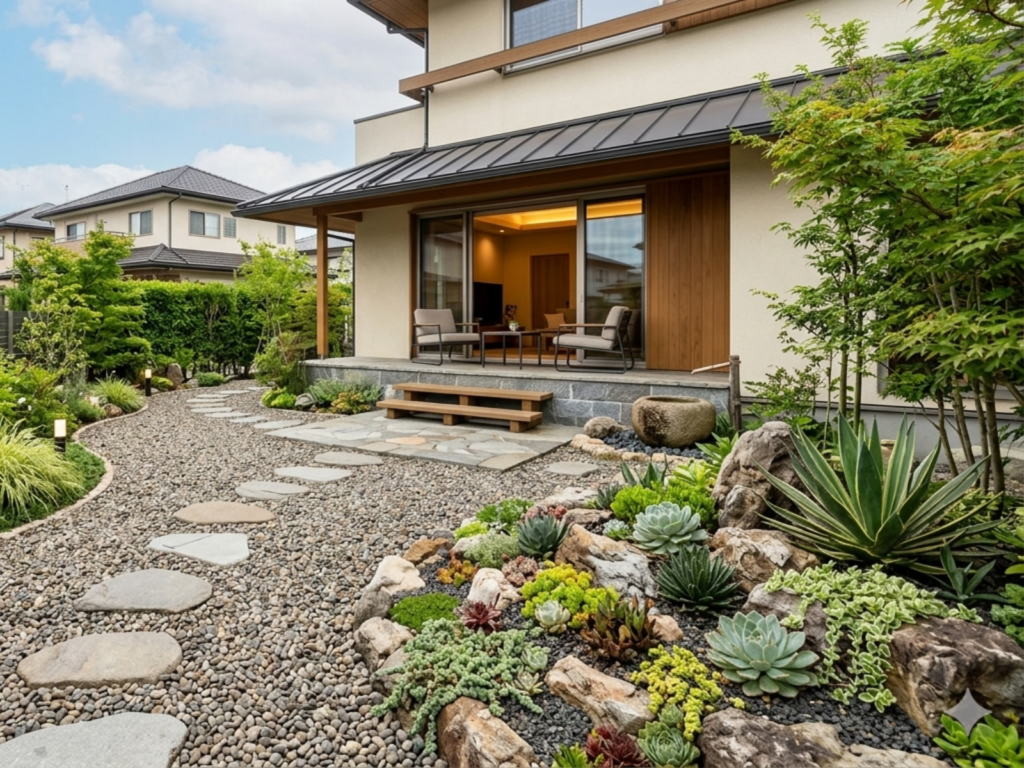 ロックガーデンのある戸建ての庭