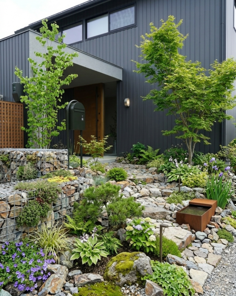 ロックガーデンが広がる戸建ての玄関前