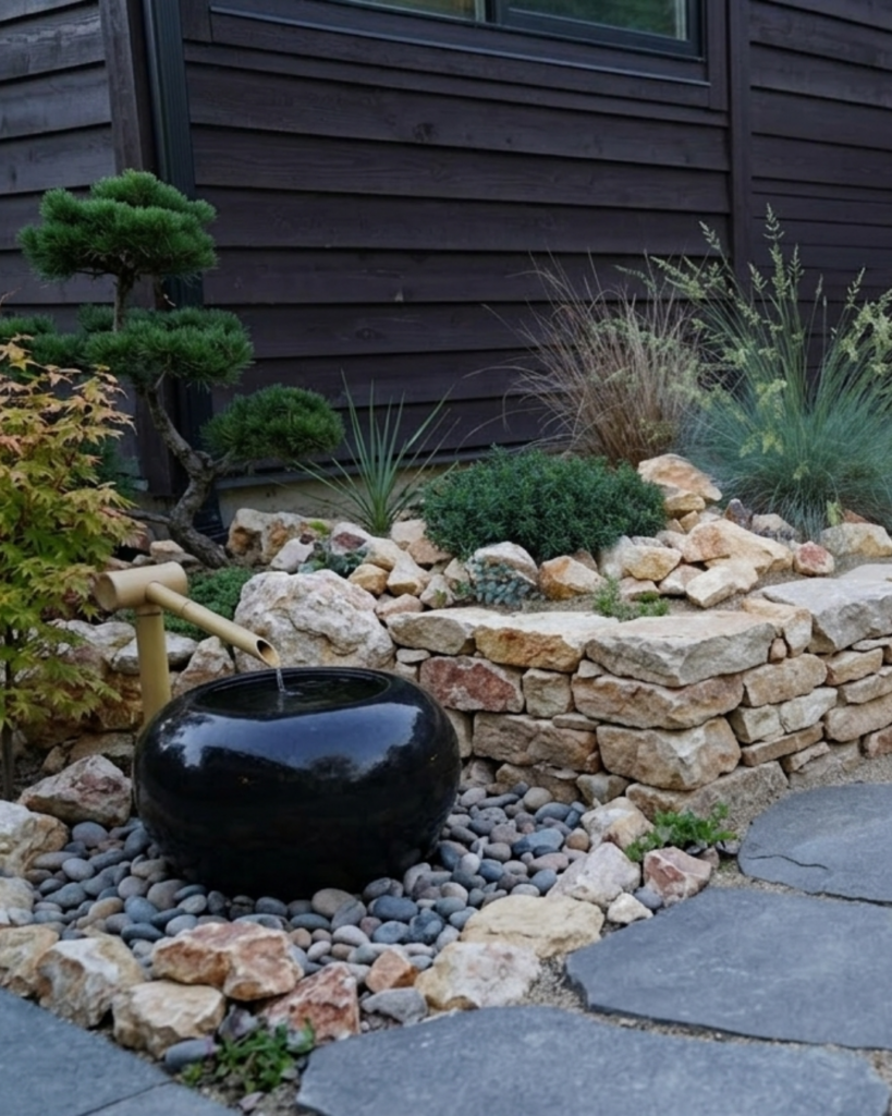 砂利と天然石で作られた庭のディスプレイ