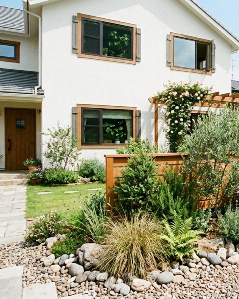 植栽で目隠しをした玄関前の砂利と樹木