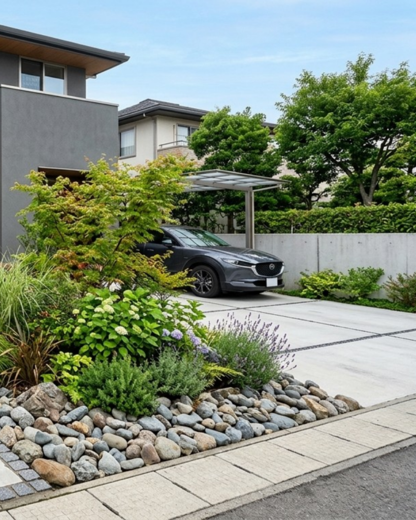 駐車場との仕切りにした植栽と石のディスプレイ