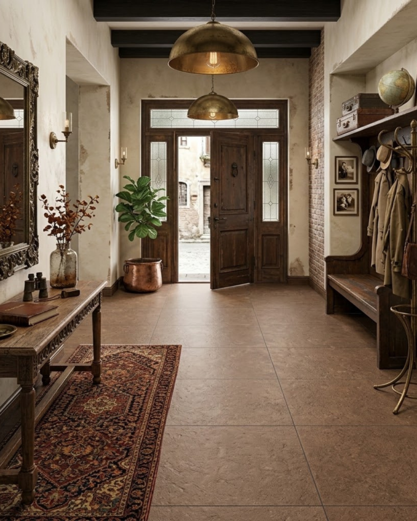 茶系の落ち着いた玄関タイル