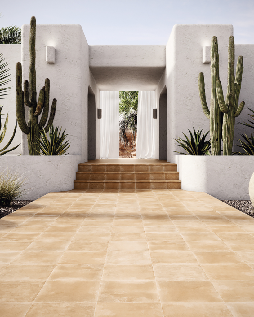 テラコッタ調ナチュラルベージュの玄関アプローチタイル