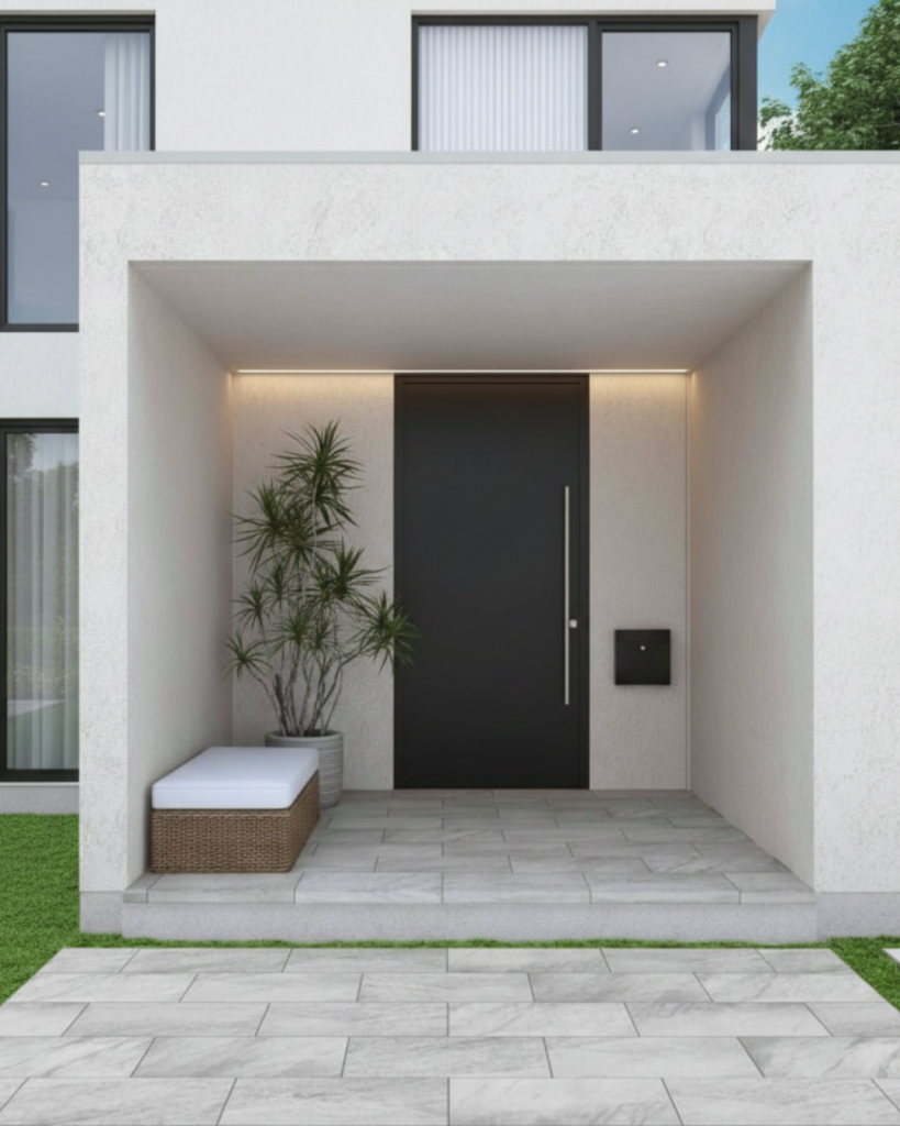 白地にグレーの石目模様の玄関タイル