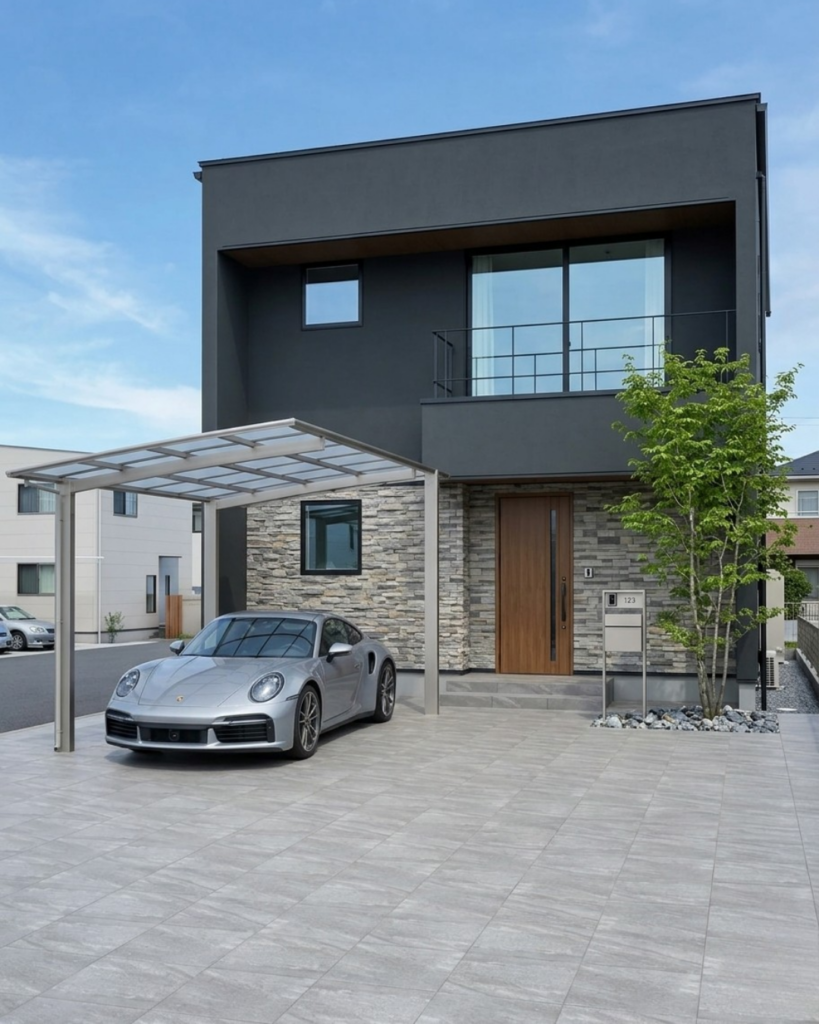 石のような模様の駐車場用タイルで作られた玄関まわり