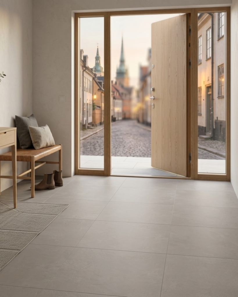 なめらかなグレージュ玄関タイル