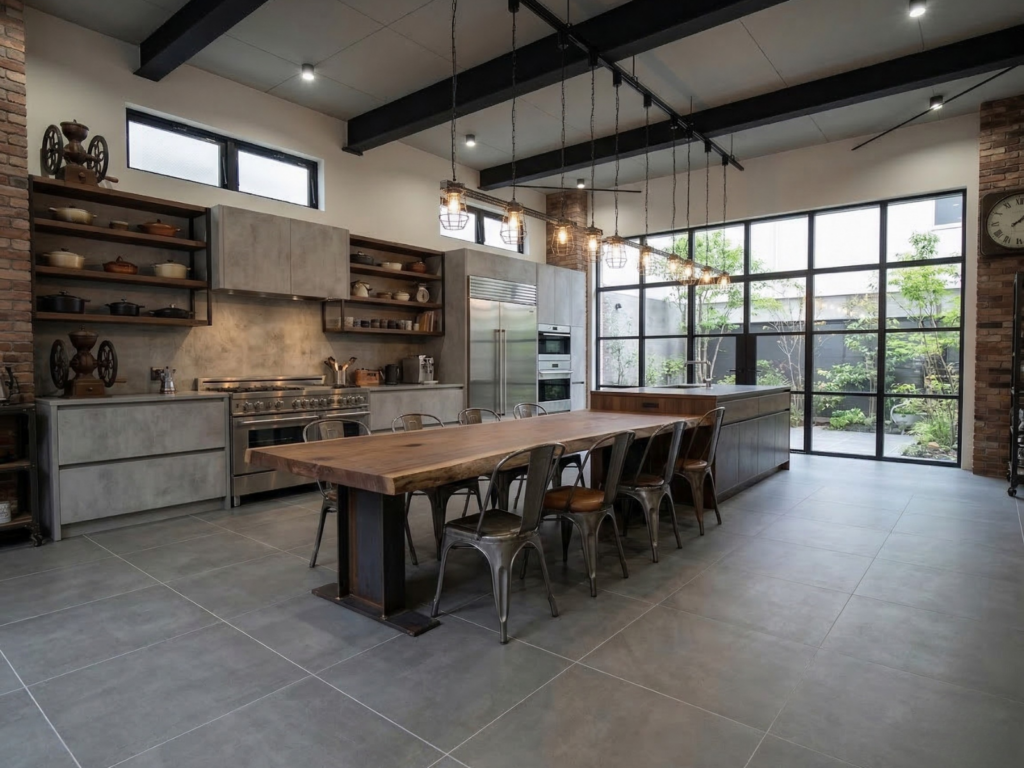 コンクリート調床タイルのキッチン