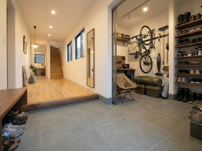 コンクリート調タイルの玄関土間のある家