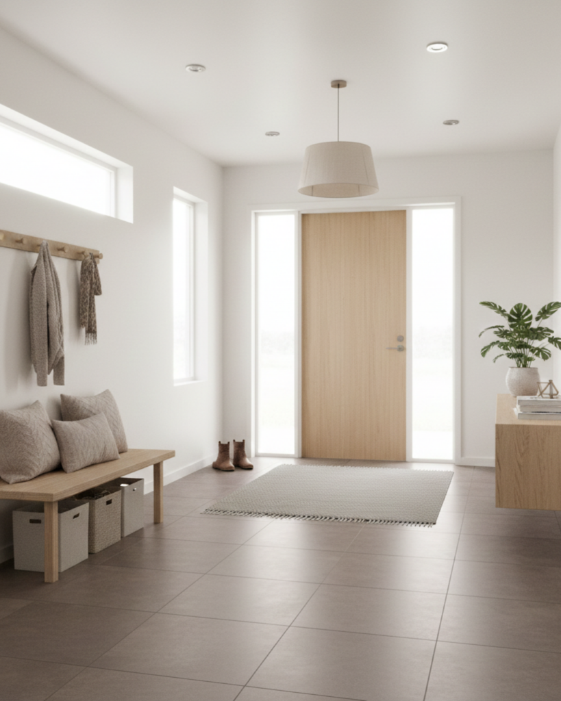 グレーに近いブラウンの玄関タイル