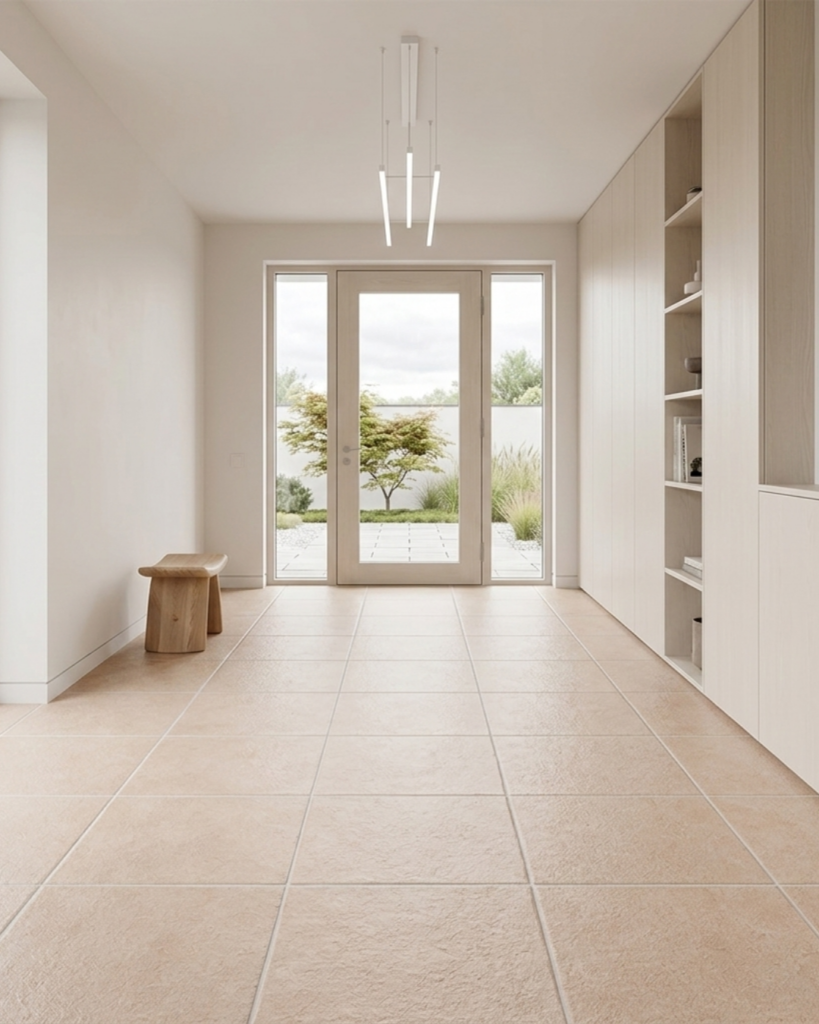 ミニマルな家とテラコッタ調タイルの玄関