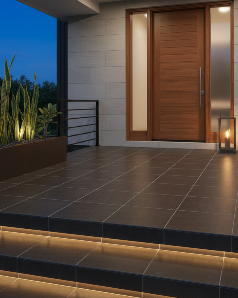 ダークブラウンの玄関タイル