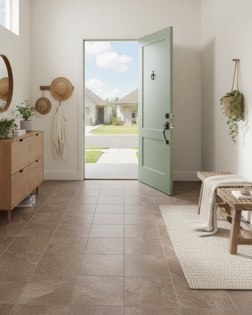 明るい空間も引き締まるブラウンの玄関床タイル