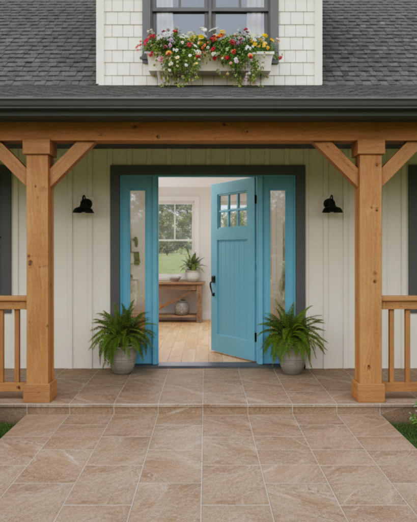 ナチュラルテイストのブラウン色玄関タイル