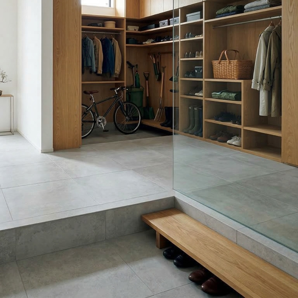 グレーのコンクリート調タイルの玄関