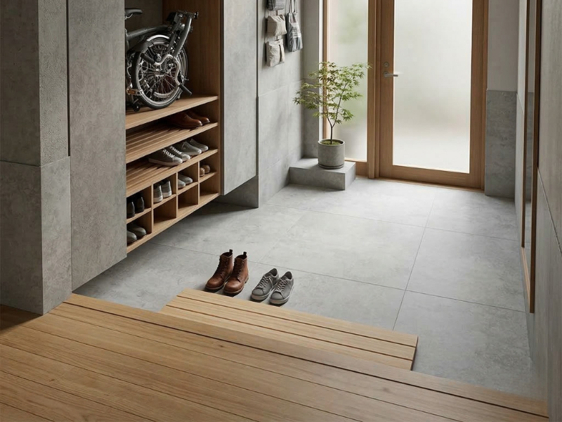 グレーのコンクリート調玄関タイル