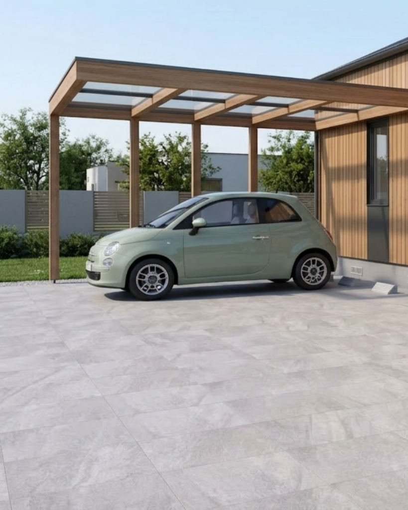 エクステリアを舗石タイルで統一した戸建ての駐車場