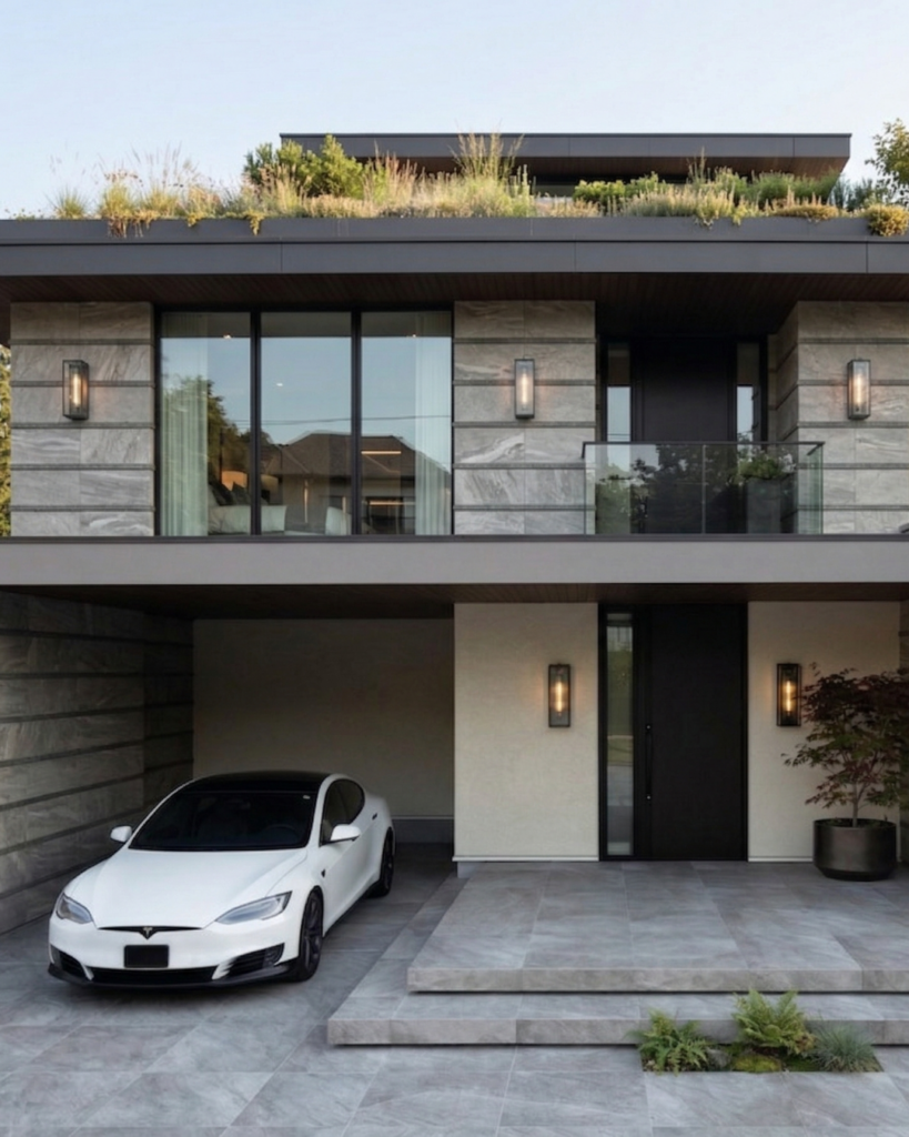 玄関ポーチと統一した駐車場タイル