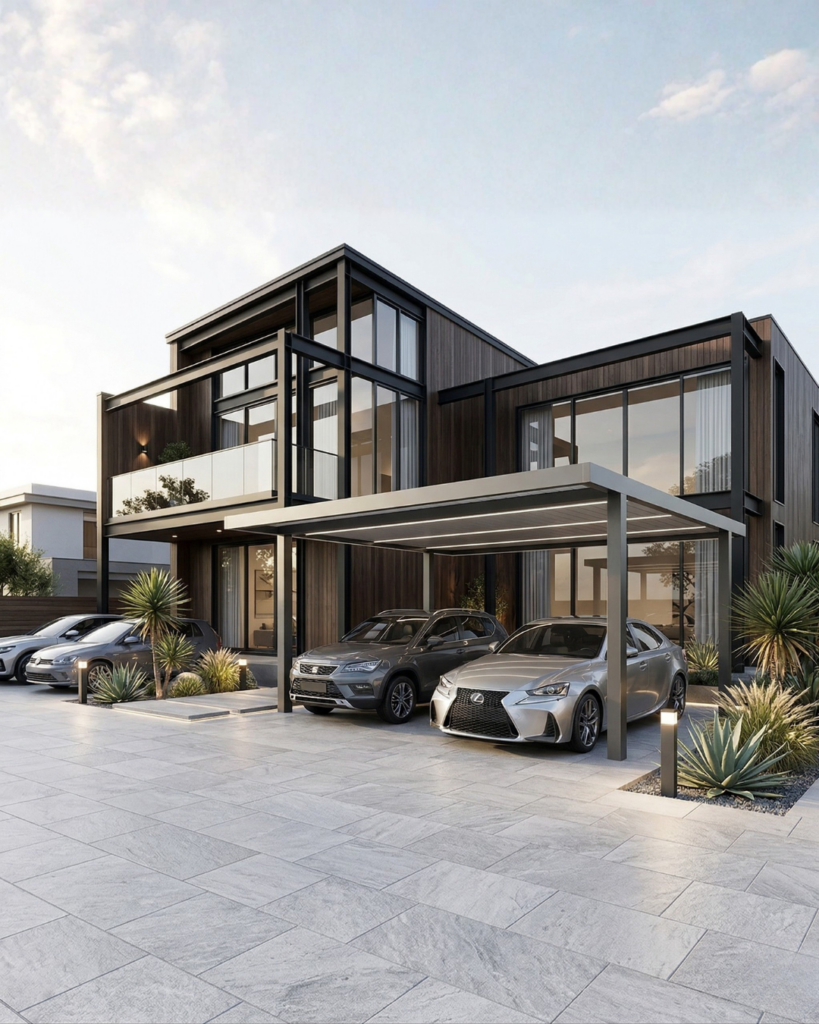 グレーの駐車場タイルでモダンな戸建て