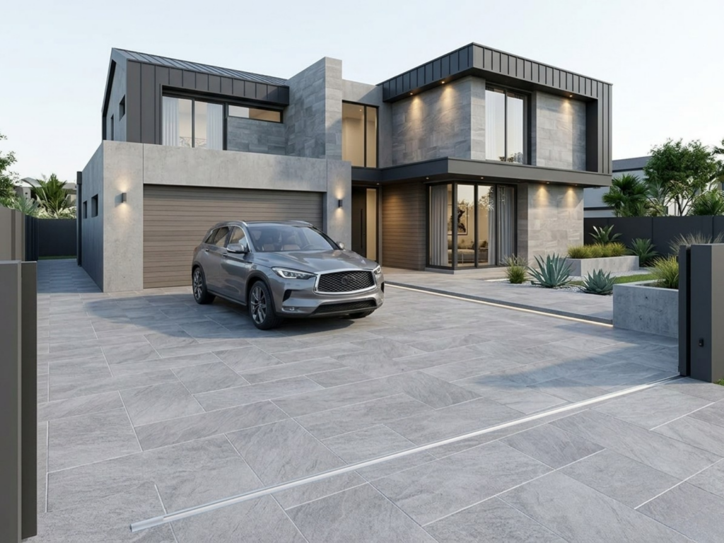 グレーの石目模様の駐車場タイルの外構