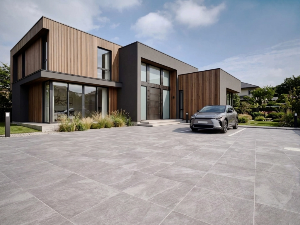 駐車場と玄関アプローチをつなぐタイル外構