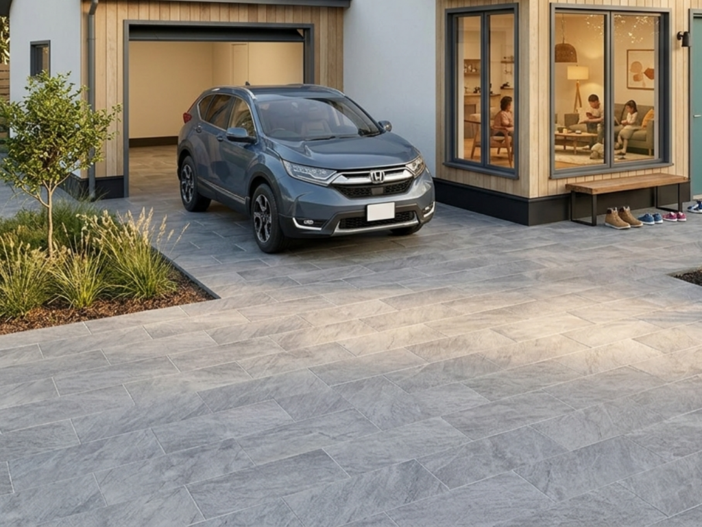 駐車場と玄関アプローチをつなぐタイル外構