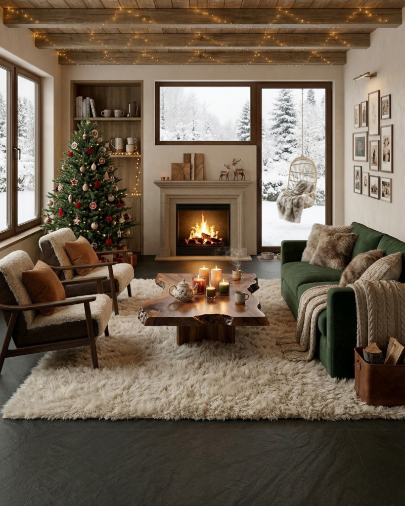 雪深い日も暖かなインテリアのリビングルーム